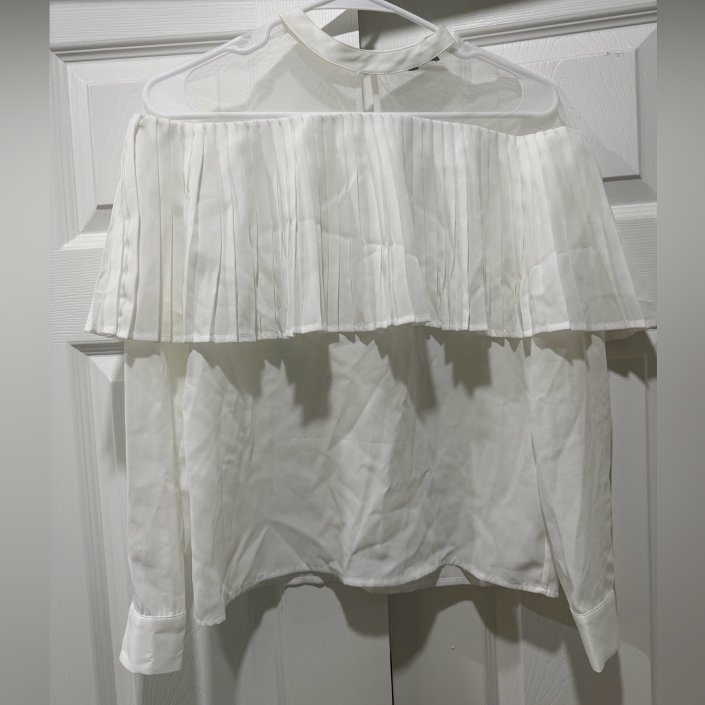 Maje Lemia Pleated Blouse Sheer Mesh Long Sleeve